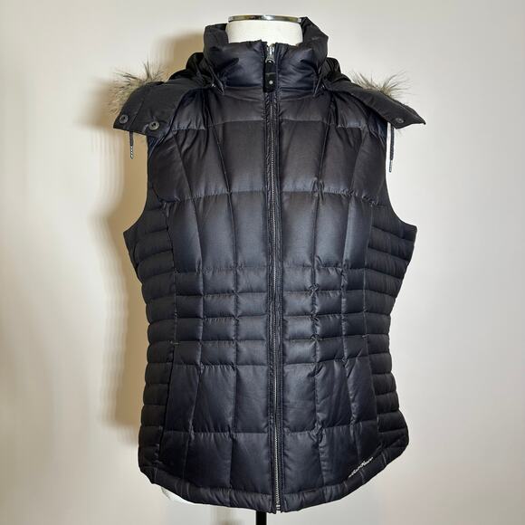 Eddie Bauer Black Faux Fur Trim Hood Goose Down Puffer Vest Womens Size Large L - Picture 1 of 12